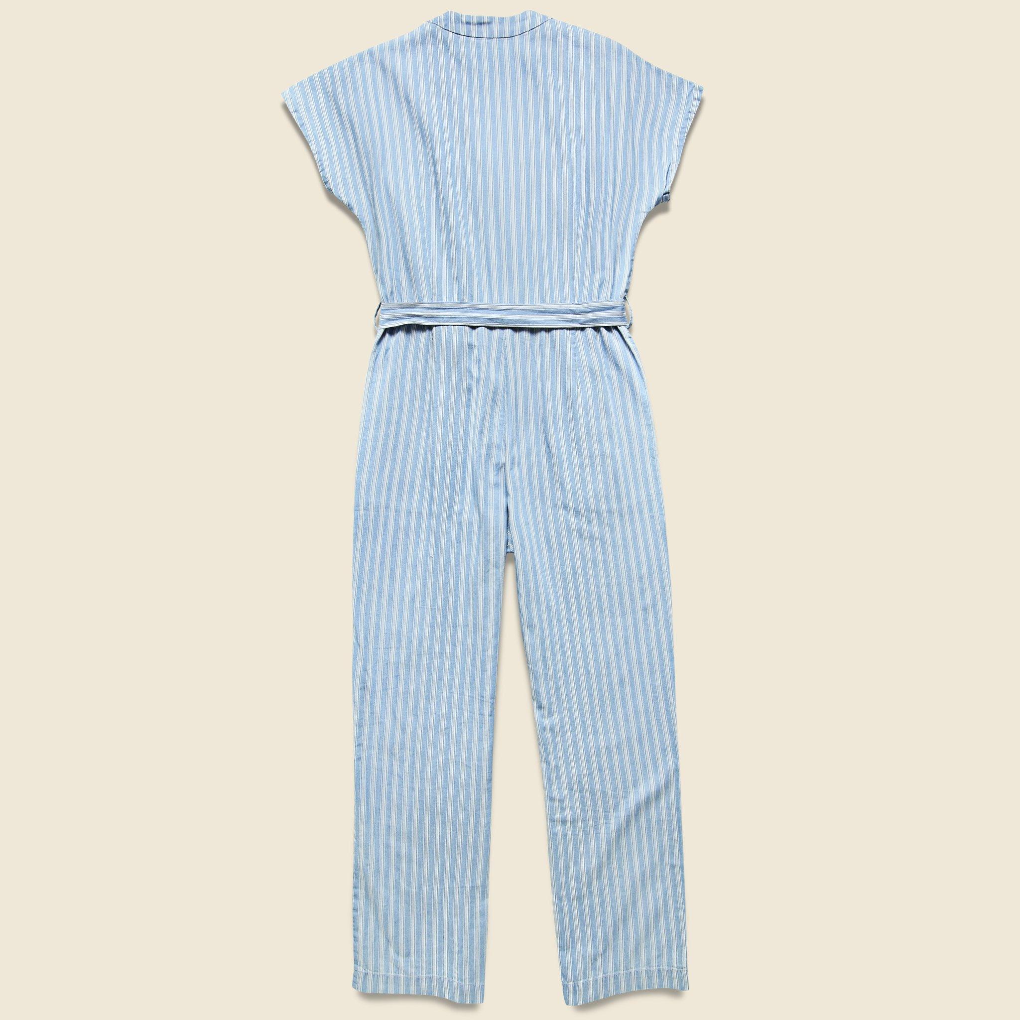 striped denim jumpsuit