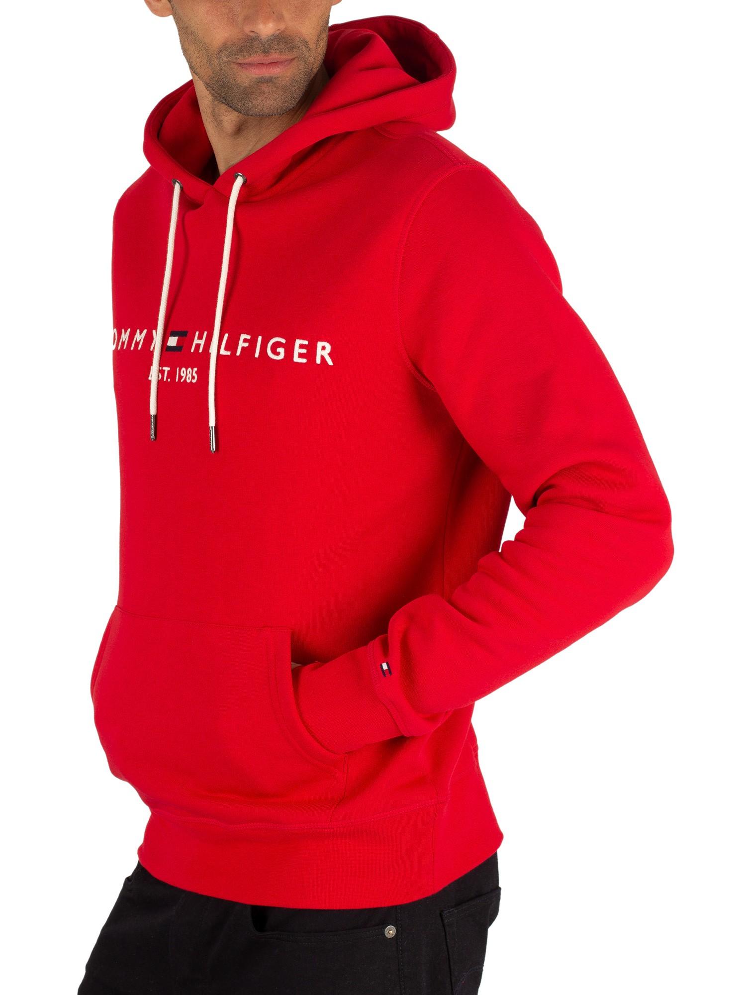 Tommy Hilfiger Cotton Logo Pullover Hoodie in Red for Men - Lyst