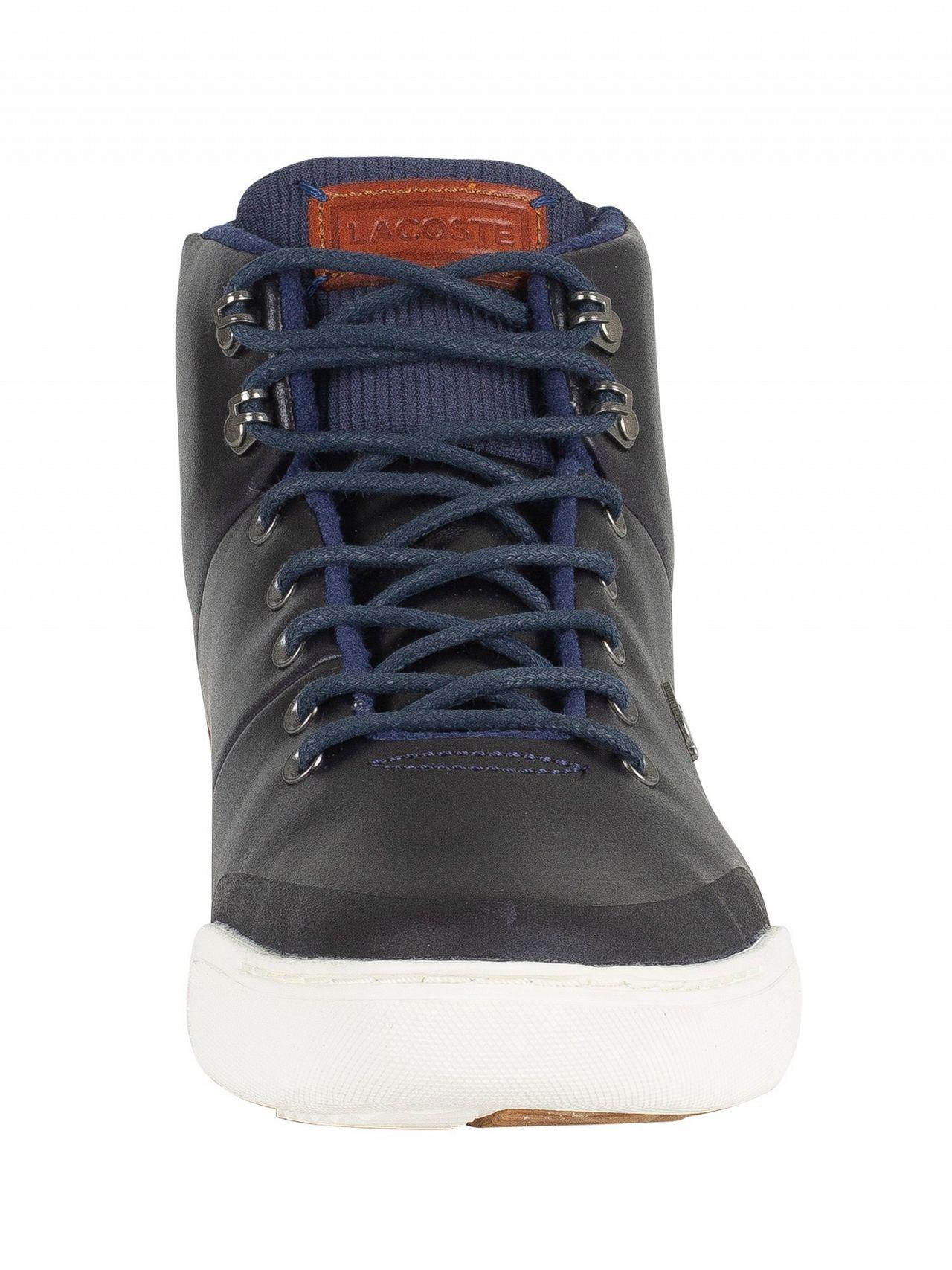 New Mens Lacoste Navy Explorateur Leather Trainers Hi Top Lace Up