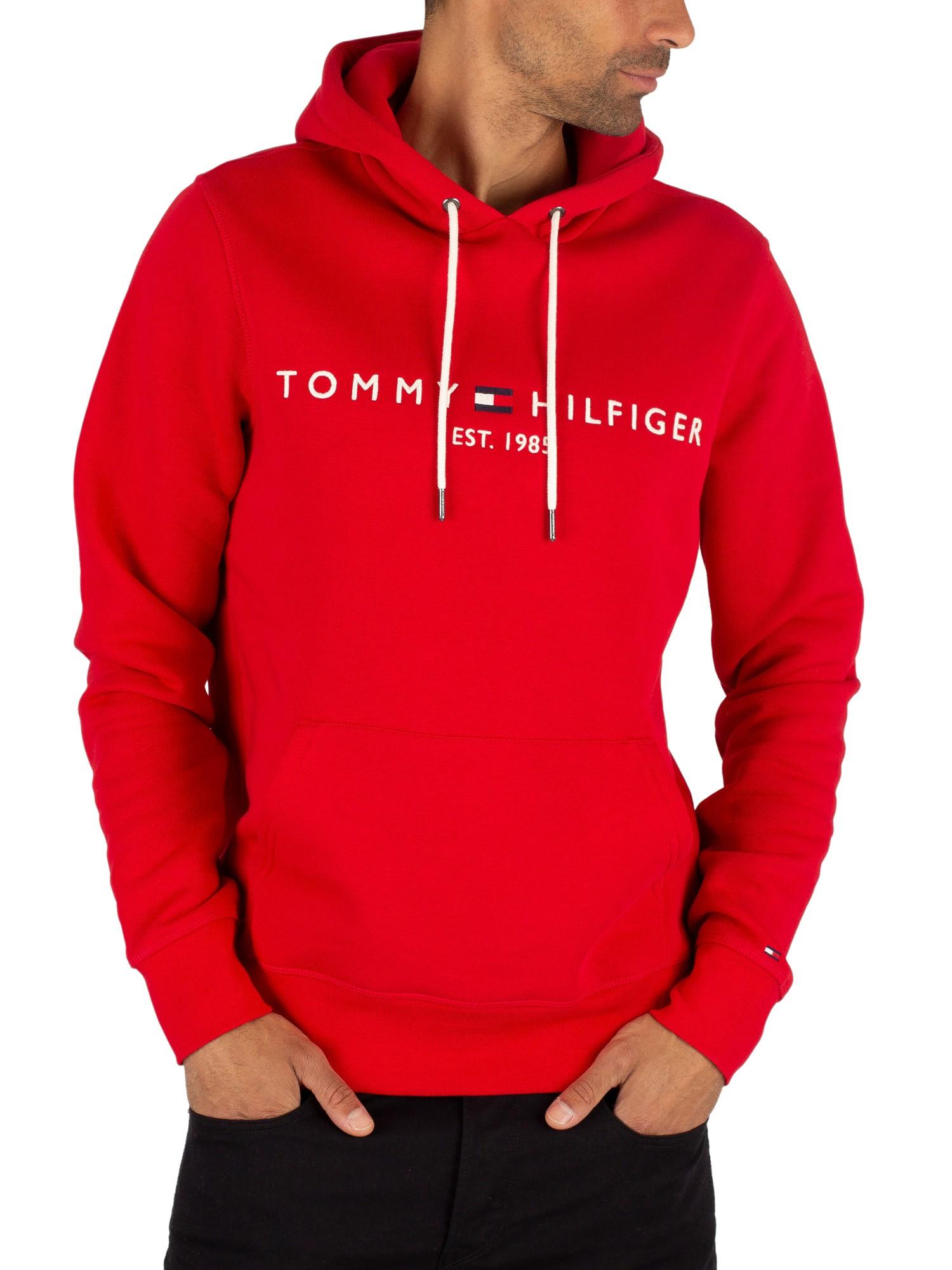 Tommy Hilfiger Cotton Logo Pullover Hoodie in Red for Men - Lyst