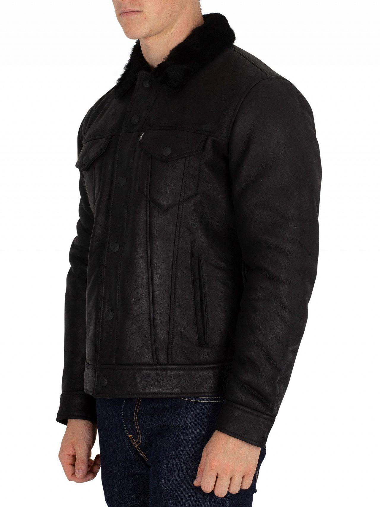 levis shearling trucker black leather