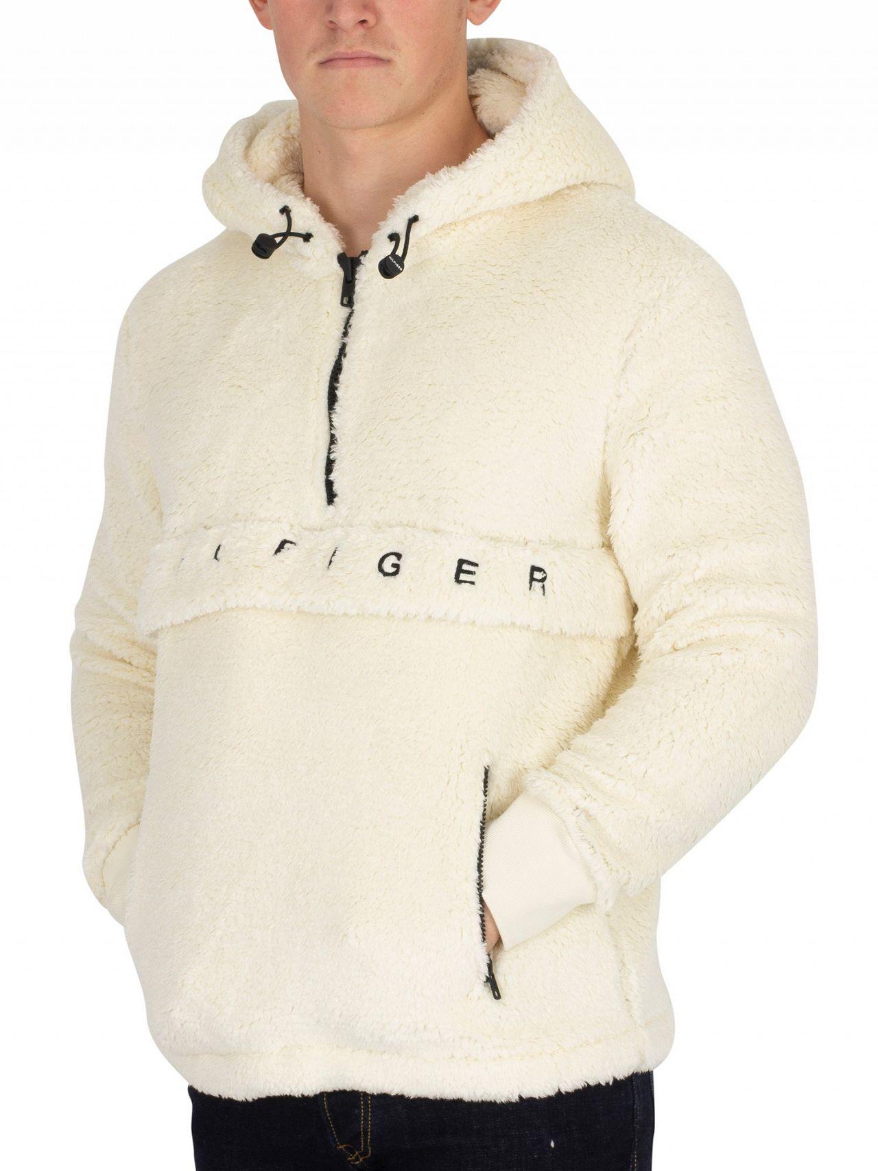 tommy hilfiger oversized teddy fleece half zip hoodie logo pocket in white