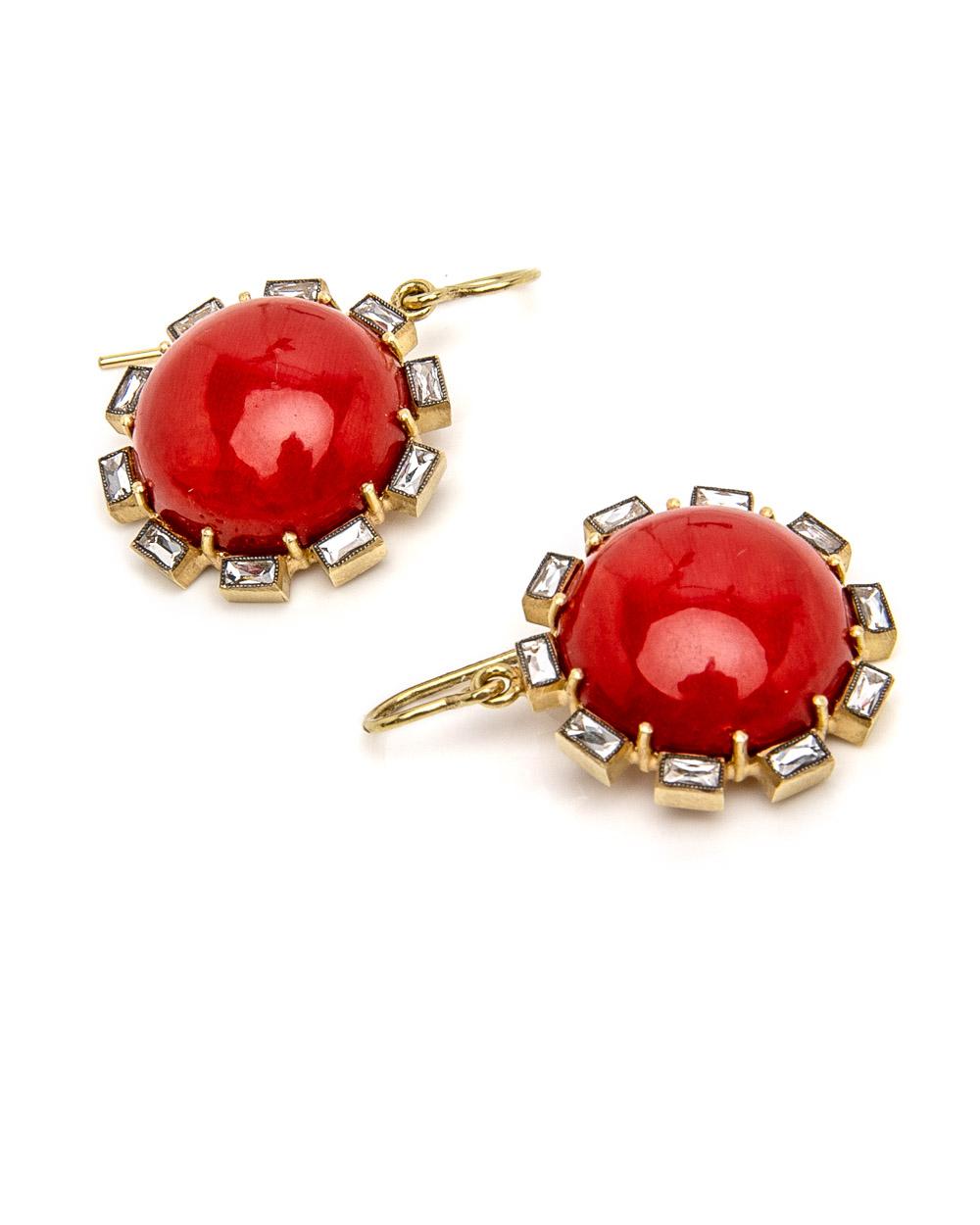 Sylva & Cie Coral And Diamond Baguette Earrings in Red Lyst