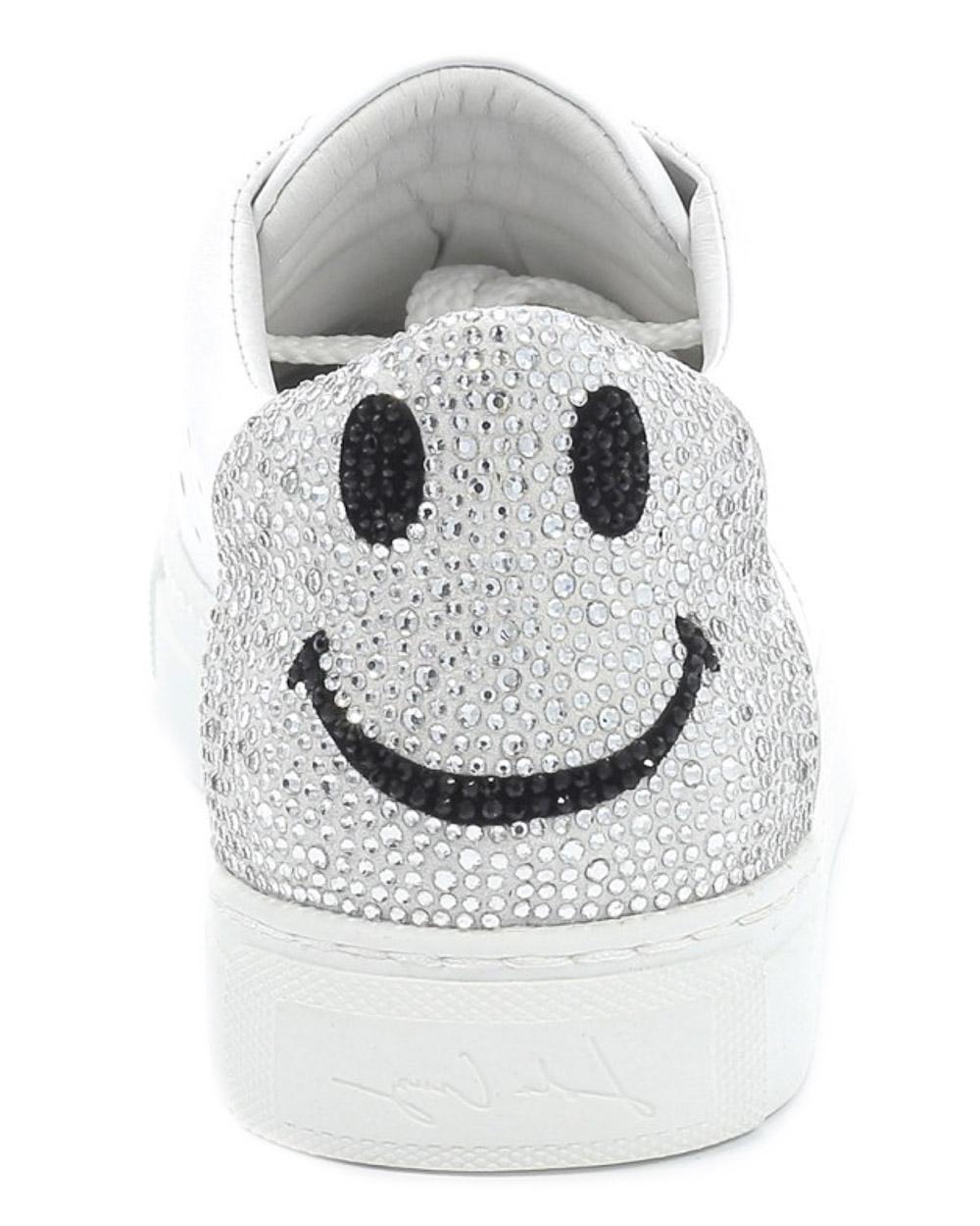 Lola Cruz Leather White Jeweled Smiley Face Sneaker - Lyst