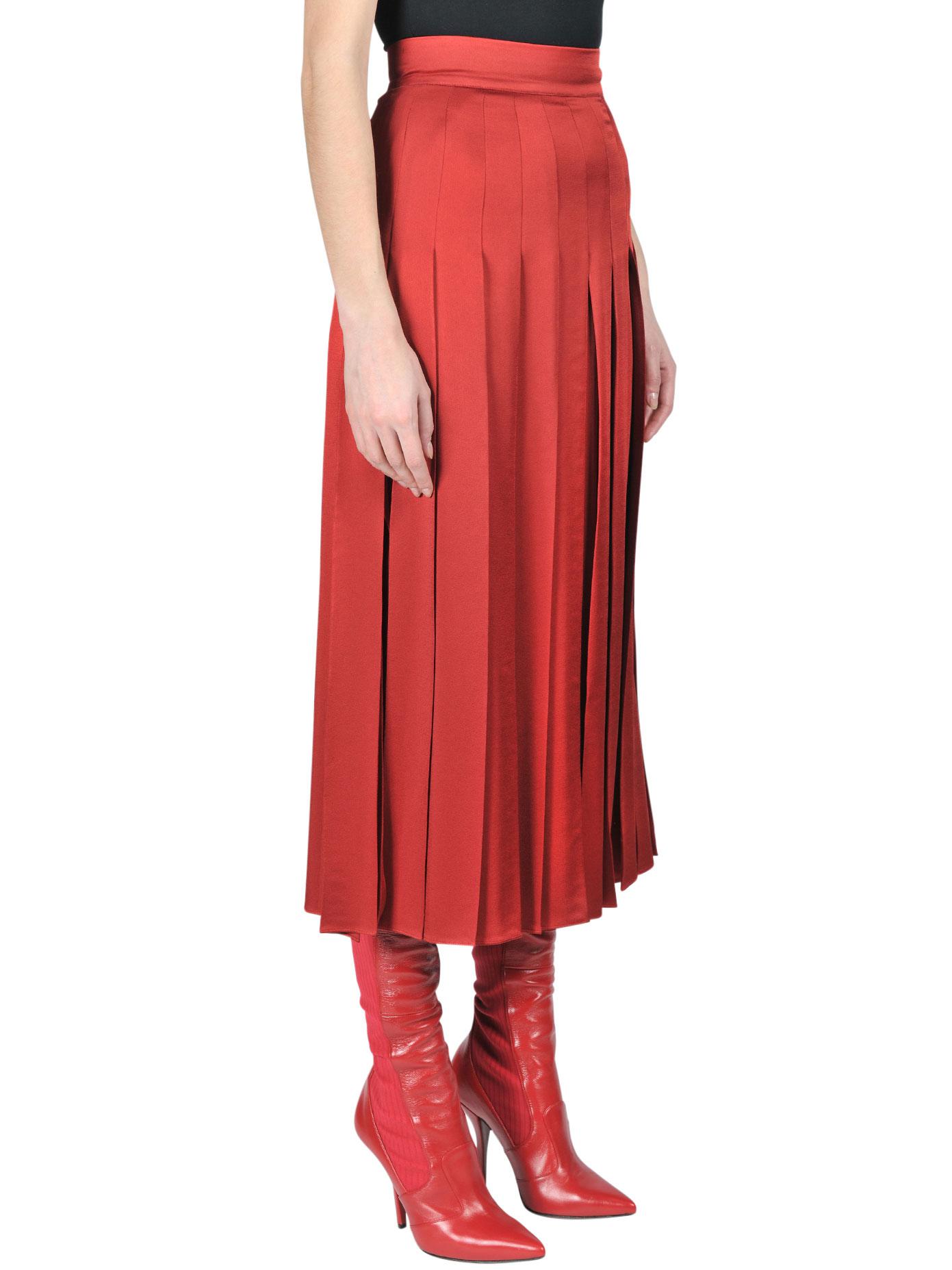 Fendi Satin Midi Pleated Skirt in Red 