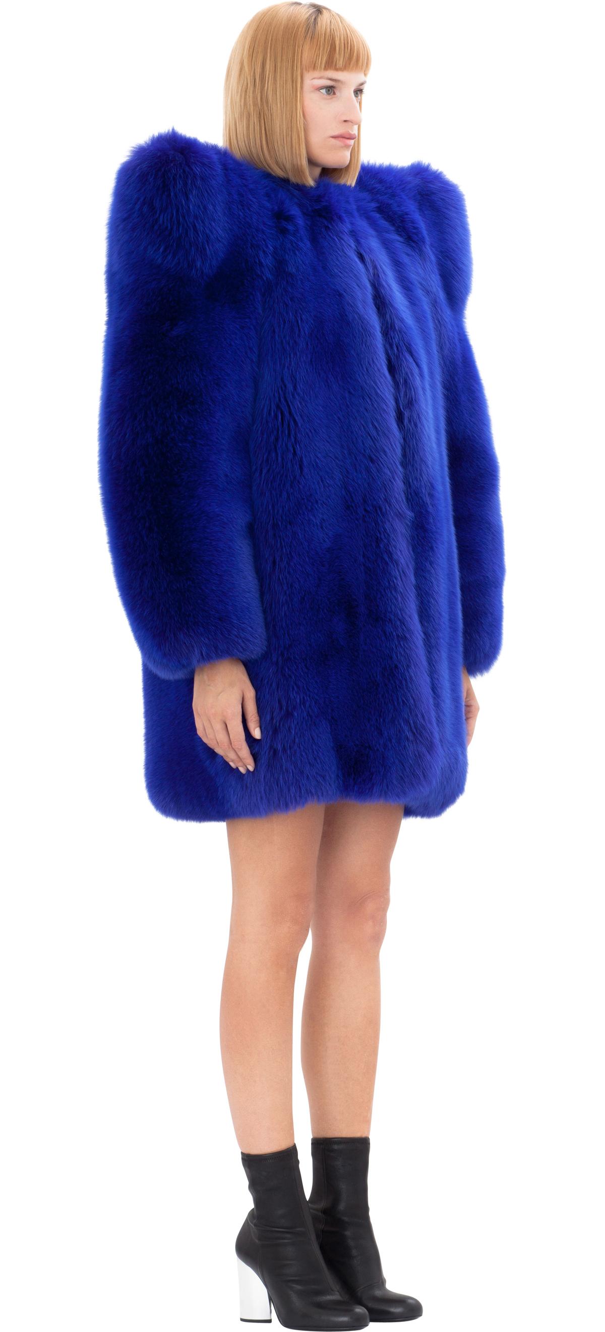 Saint Laurent Oversized Shoulder Fox Fur Coat in Blue | Lyst