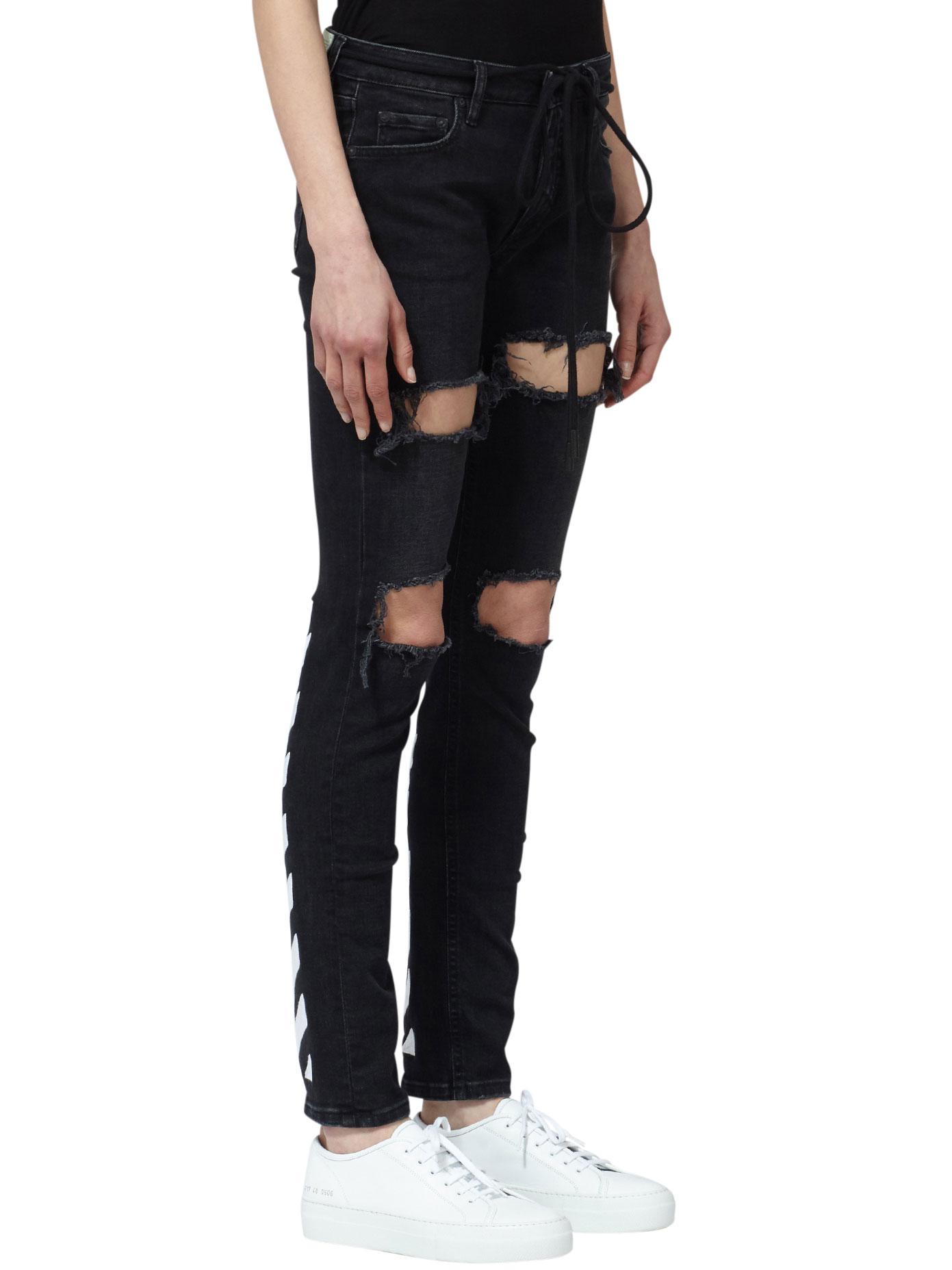 Off-white c/o virgil abloh Striped Ripped Skinny Jeans in Black | Lyst