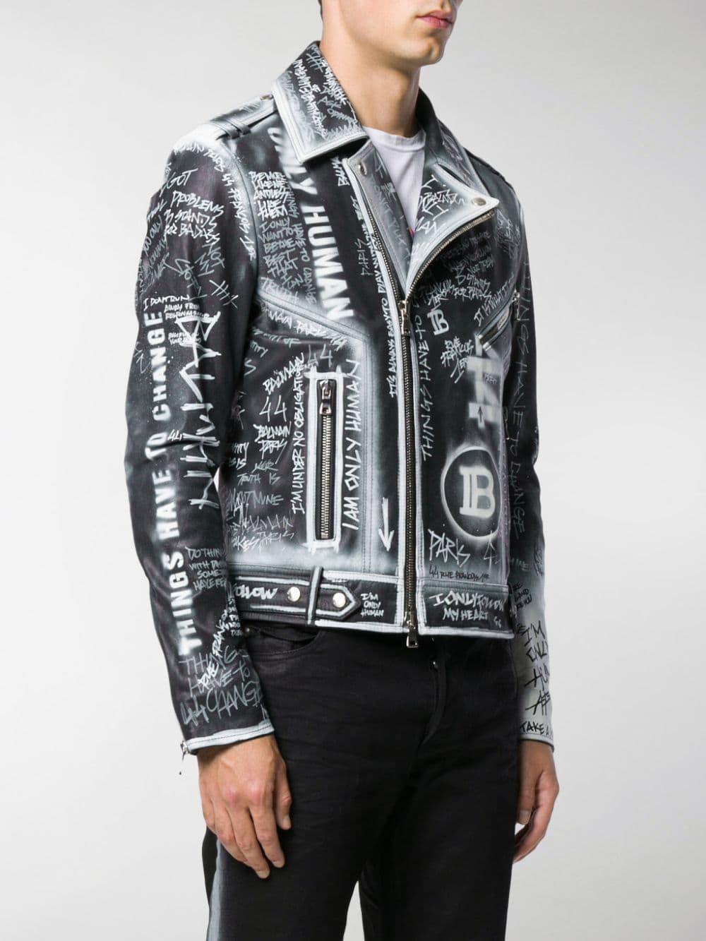 Balmain Graffiti Print Leather Jacket 