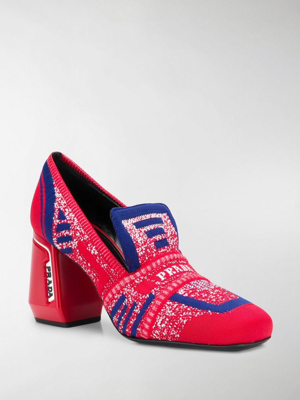 Prada Leather Knit Fabric Loafers in Red | Lyst