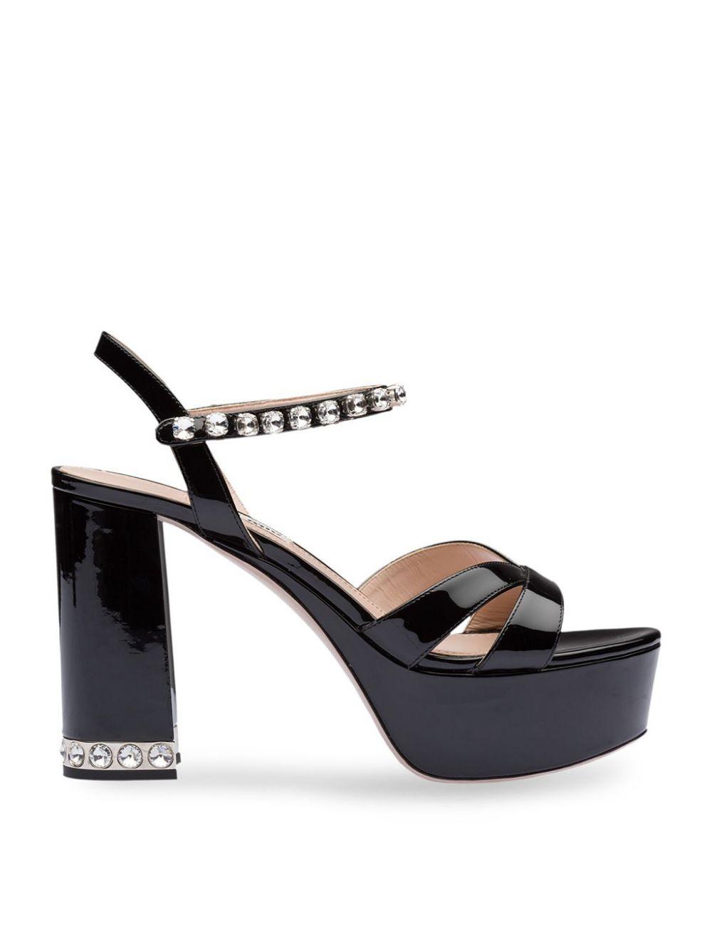 Miu Miu Leather Crystal Embellished Platform Sandals in Black | Lyst