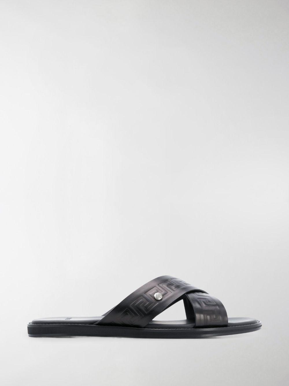 Versace Embossed Greca Crossover Strap Sandals in Black for Men | Lyst