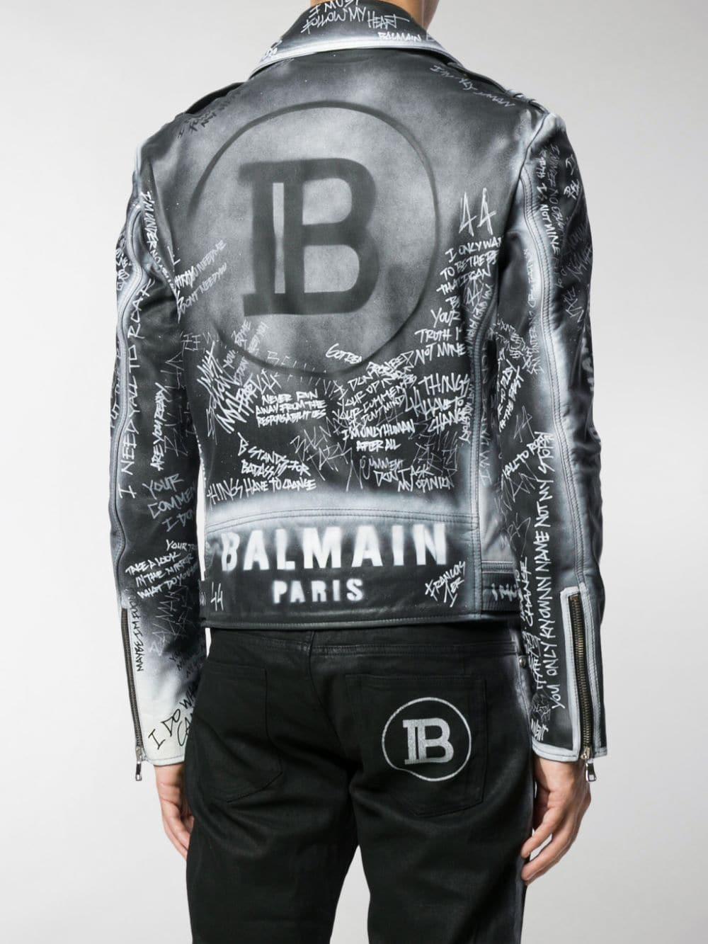 Balmain Graffiti Print Leather Jacket in for Men | Lyst