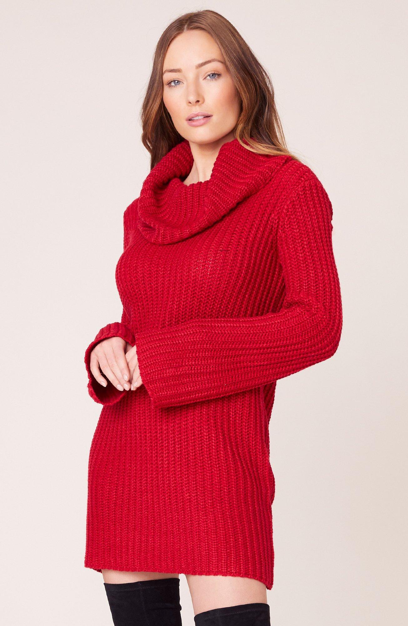 red cowl neck sweater dress