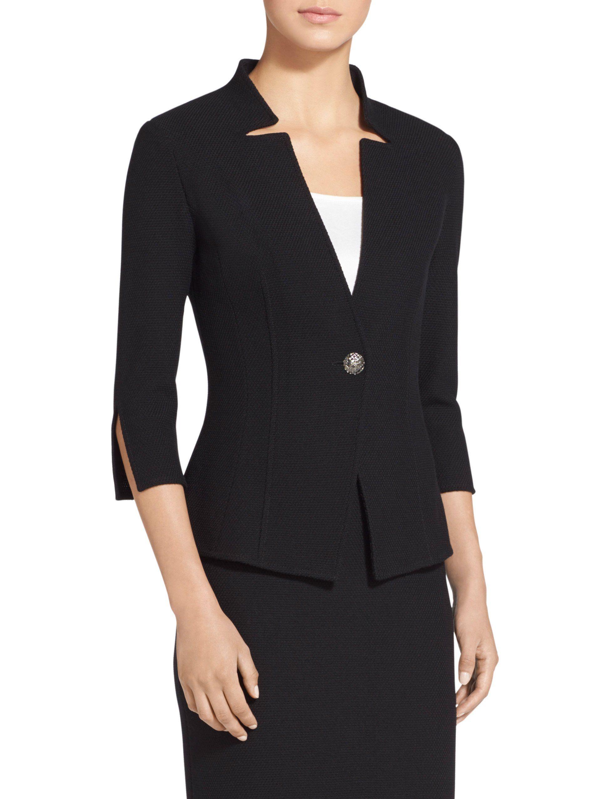 St. John Wool Notched Funnel Neckline Knit Jacket in Black Lyst