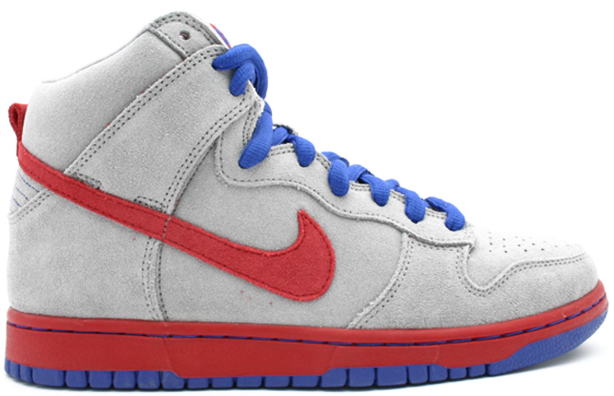 gray and red nike dunks