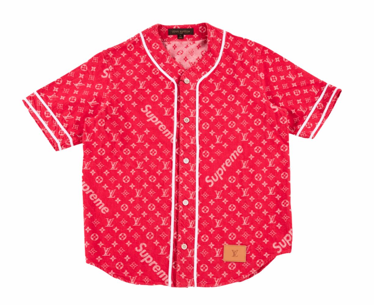 supreme x louis vuitton leather baseball jacket red