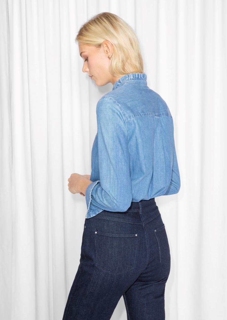 Cotton Ruffle Collar Chambray Shirt 