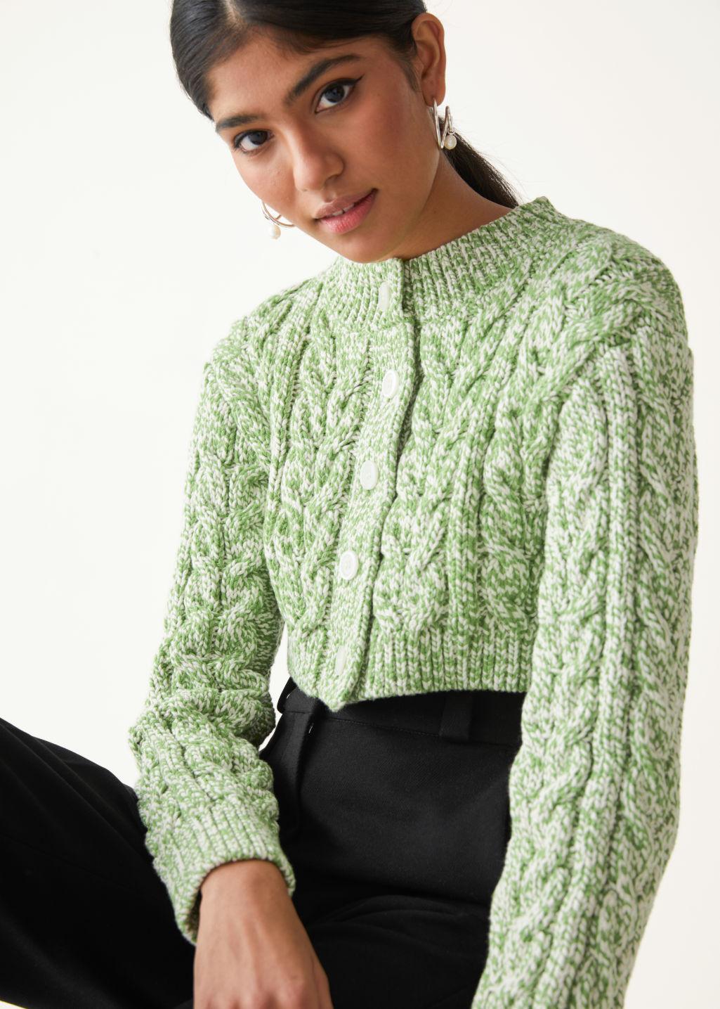 & Other Stories Cropped Cable Knit Cardigan in Green | Lyst