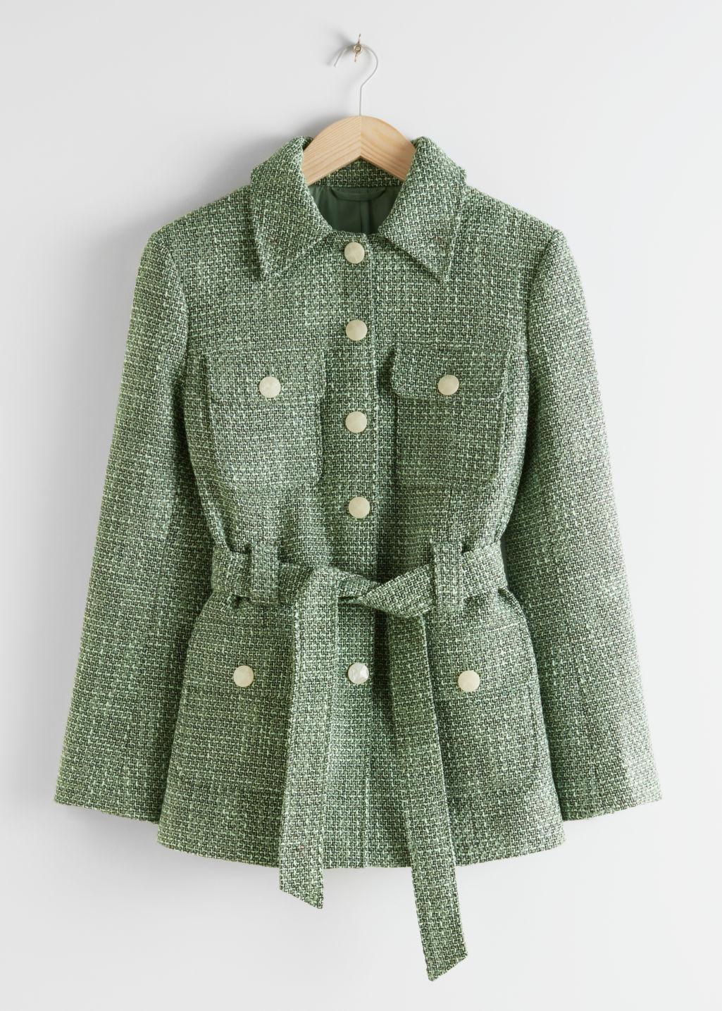 Belted Patch Pocket Tweed Jacket 
