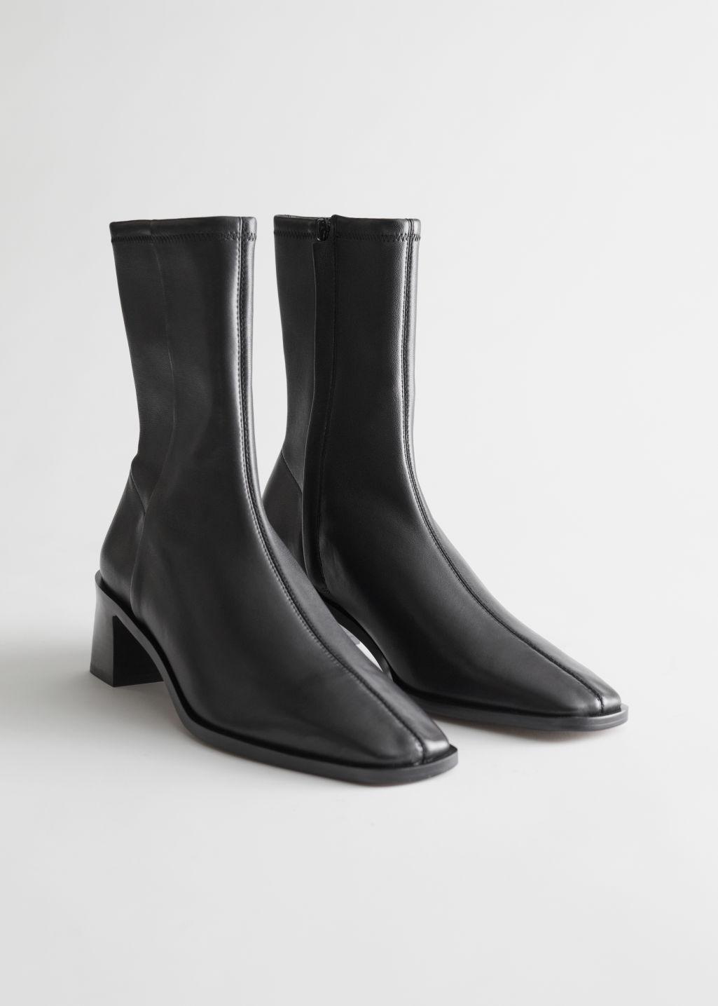 & Other Stories Squared Toe Leather Sock Boots in Black - Lyst