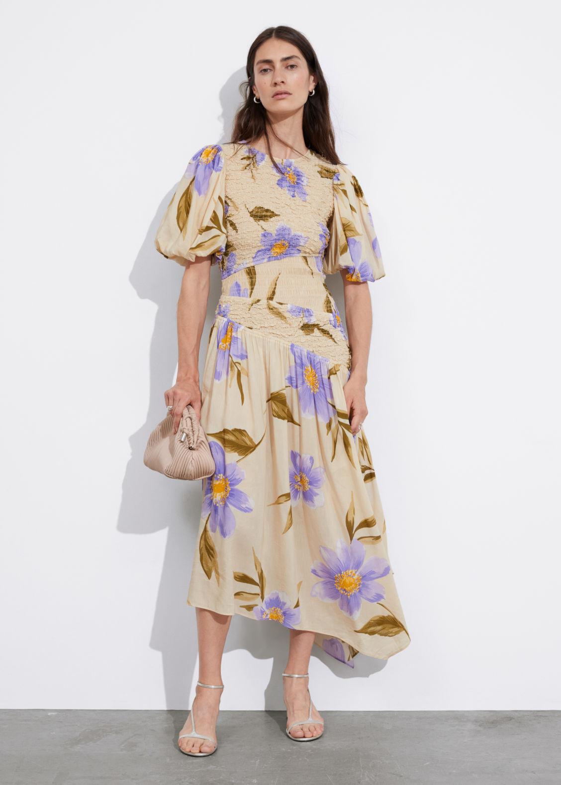 smocked asymmetric midi dress Victoria Beckham Smocked Short Sleeve Dress | Blue/Floral | Size 12