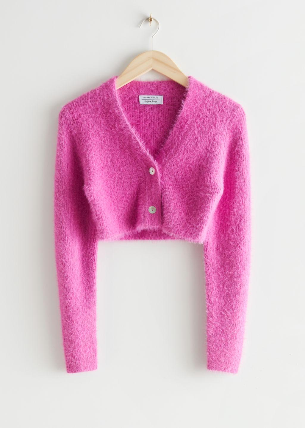 Wool Cropped Fuzzy Cardigan in Pink 