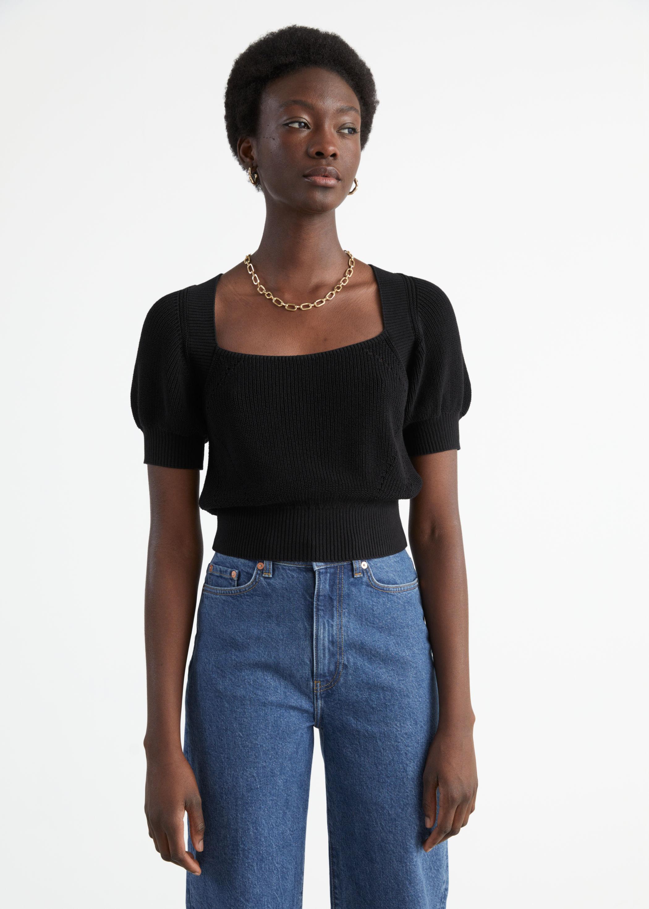 & Other Stories Puff Sleeve Cut-out Sweater in Black | Lyst