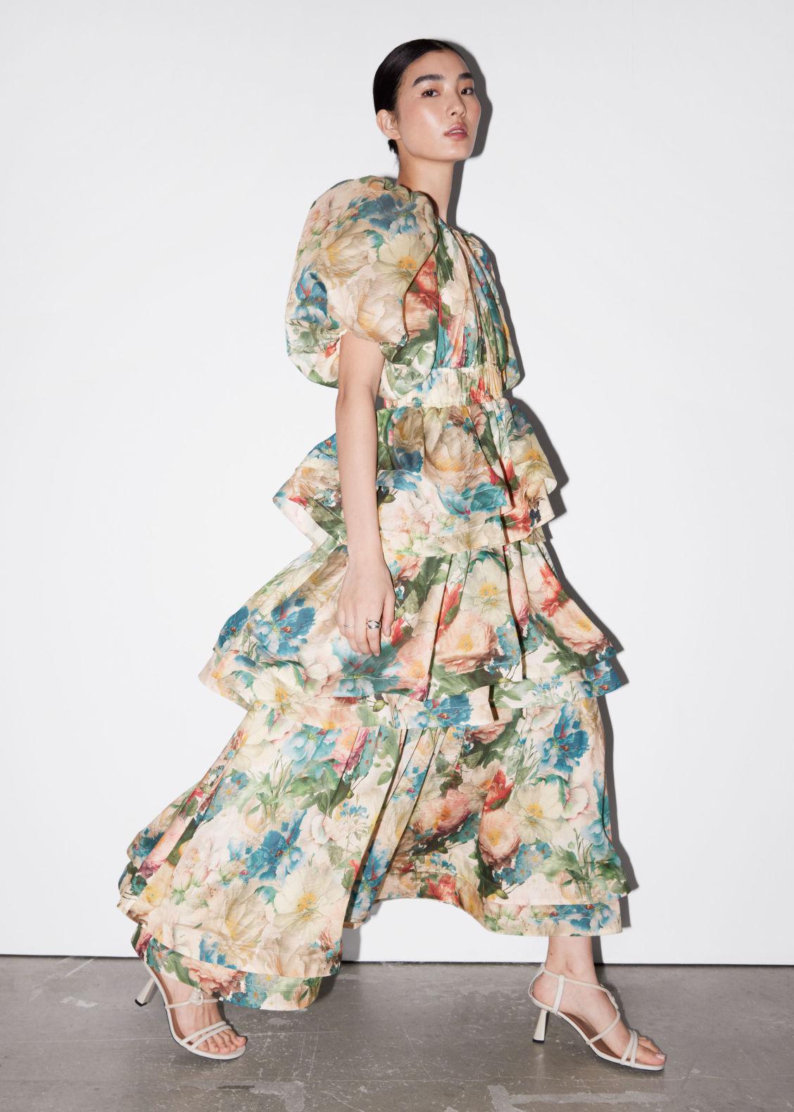 knee length dresses for ladies Provence Bloom Tiered Ruffle Maxi Dress Yellow main image 0