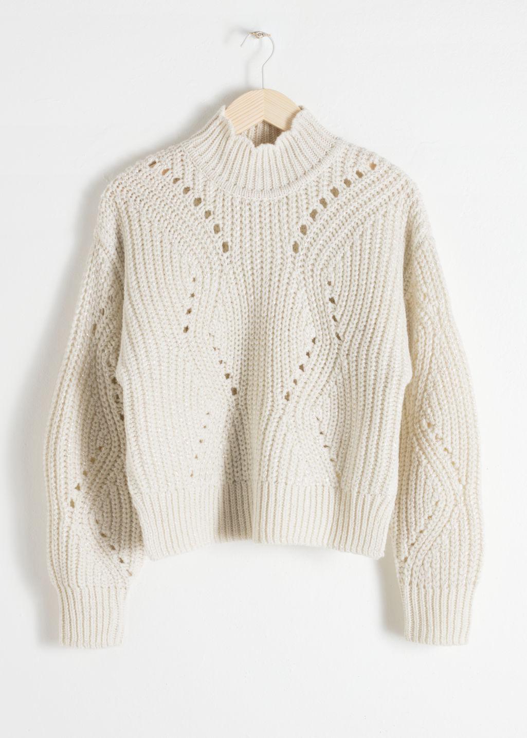 mock neck cable knit sweater