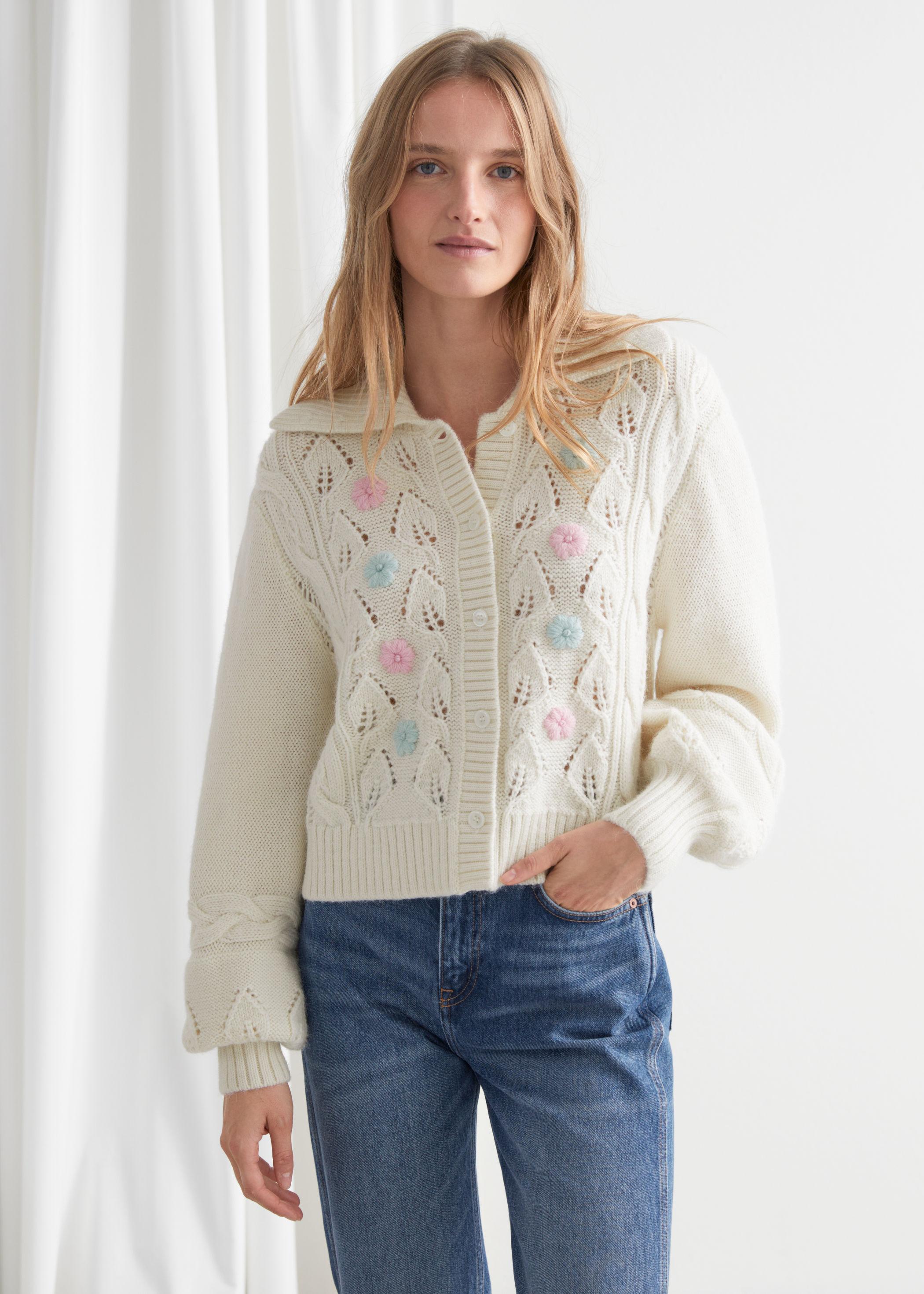  Other Stories Floral Embroidery Cable Knit Alpaca Cardigan in White