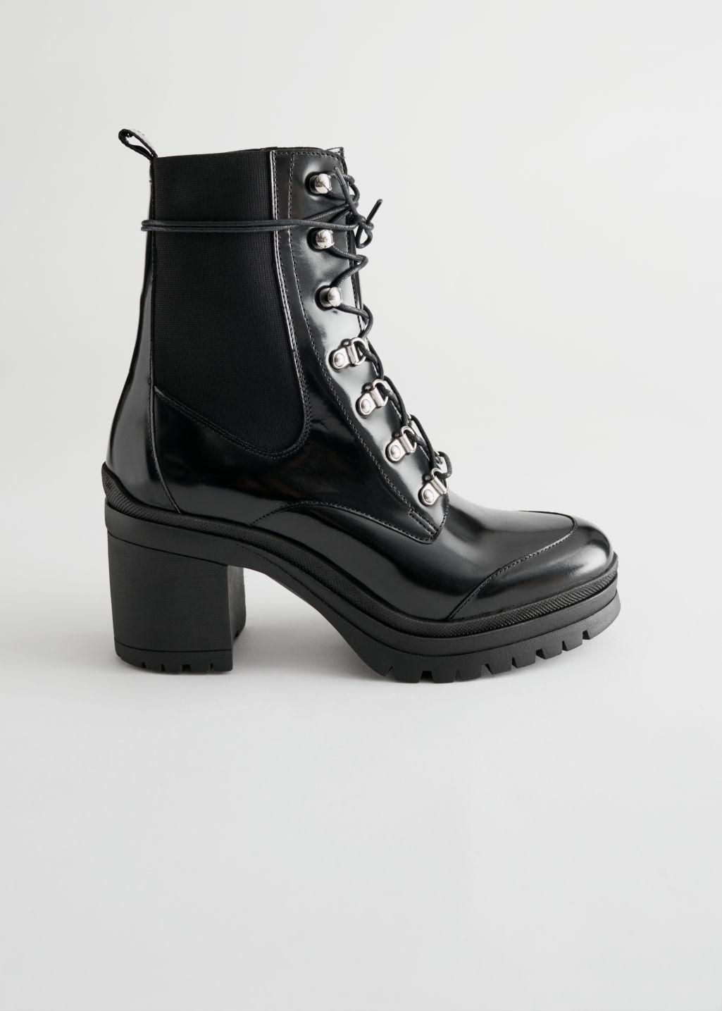 black leather block heel booties