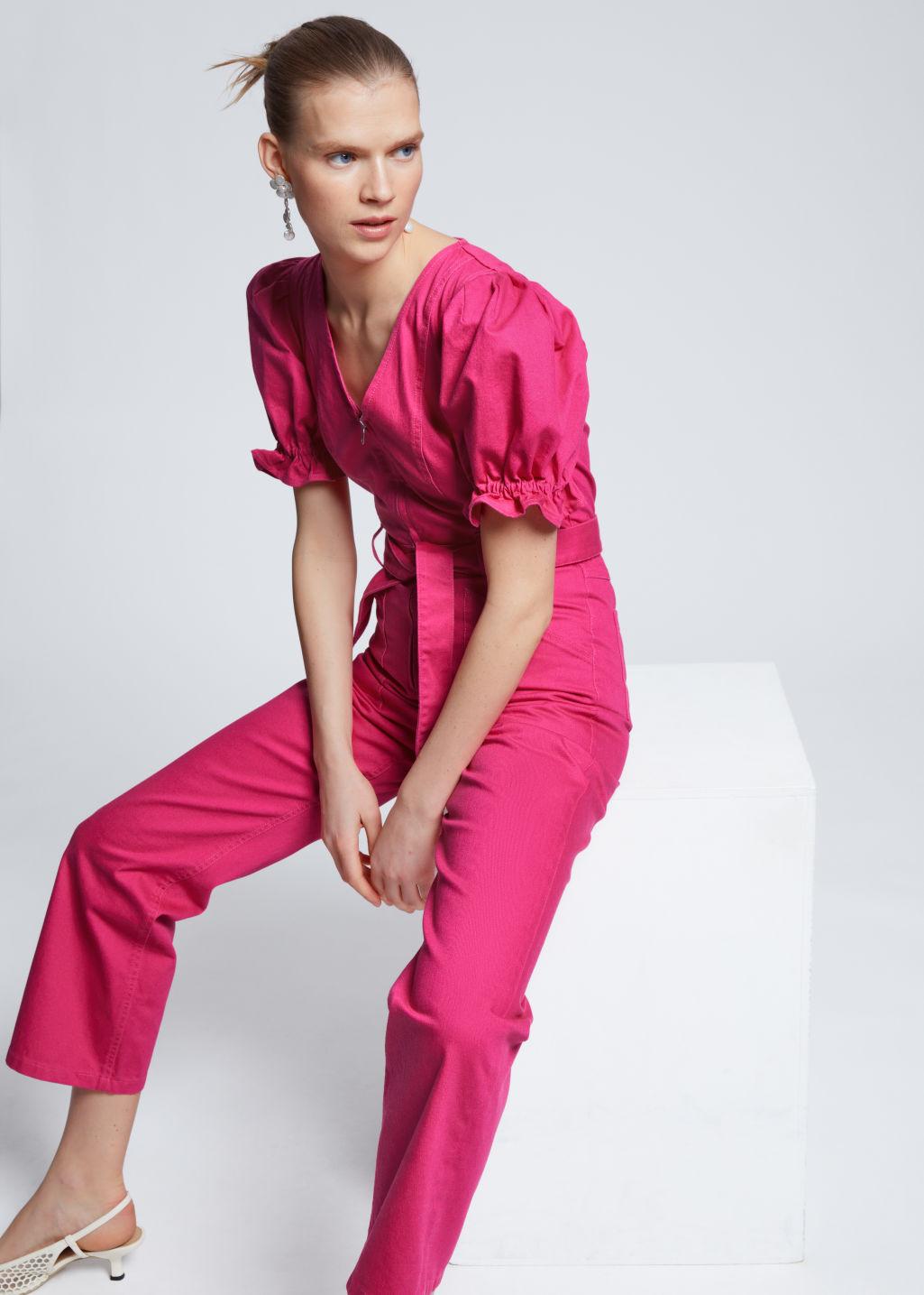 & Other Stories Puff Sleeve V-neck Jumpsuit in Pink | Lyst