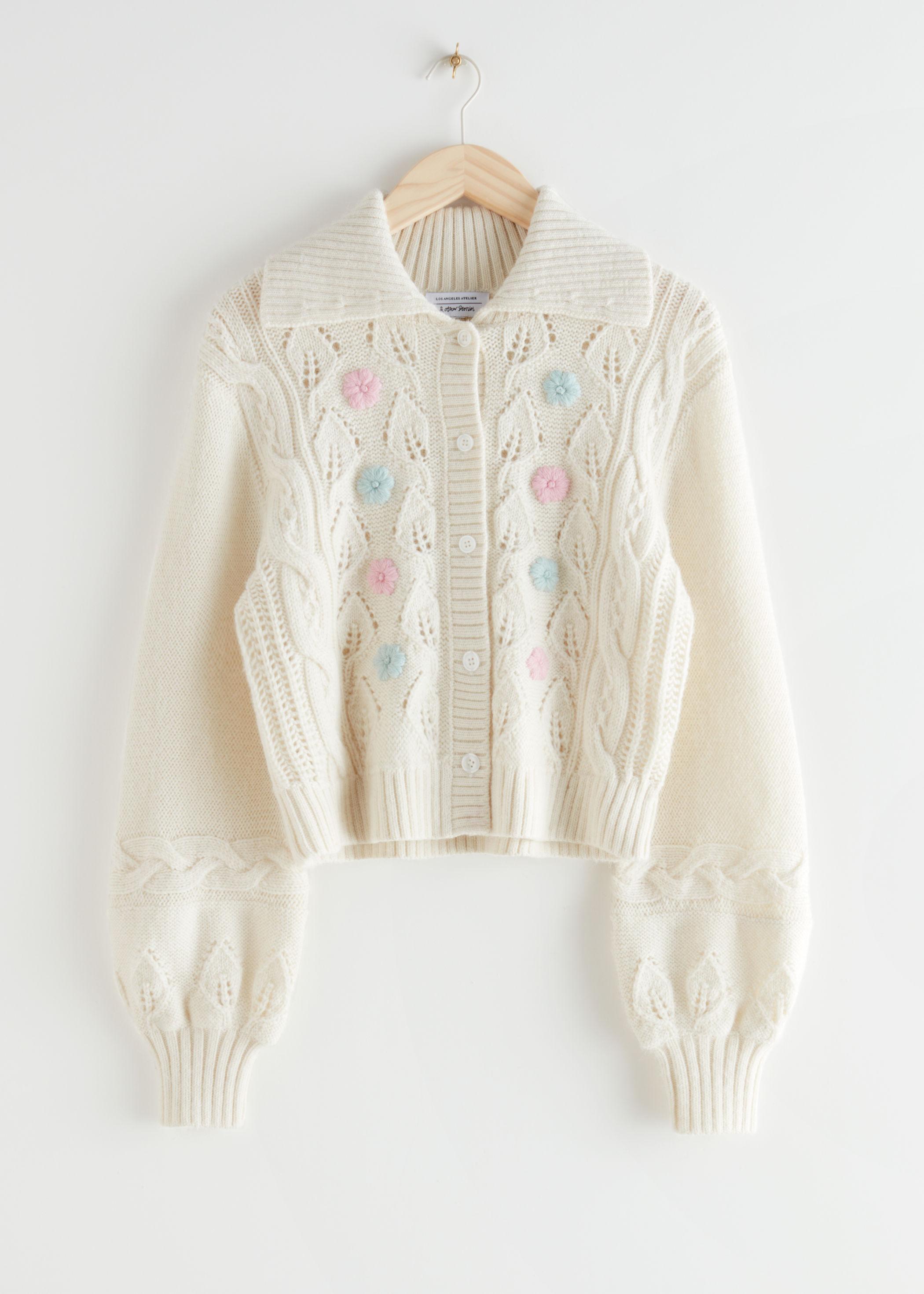 & Other Stories Floral Embroidery Cable Knit Alpaca Cardigan in White | Lyst