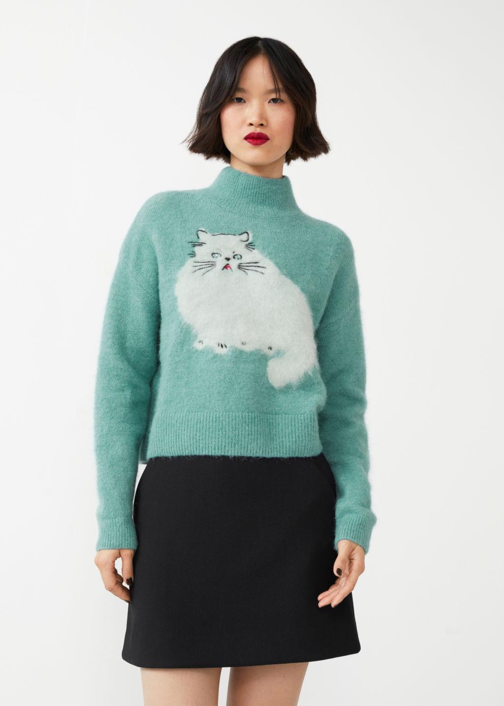& Other Stories Jacquard Cat Motif Sweater in Green | Lyst