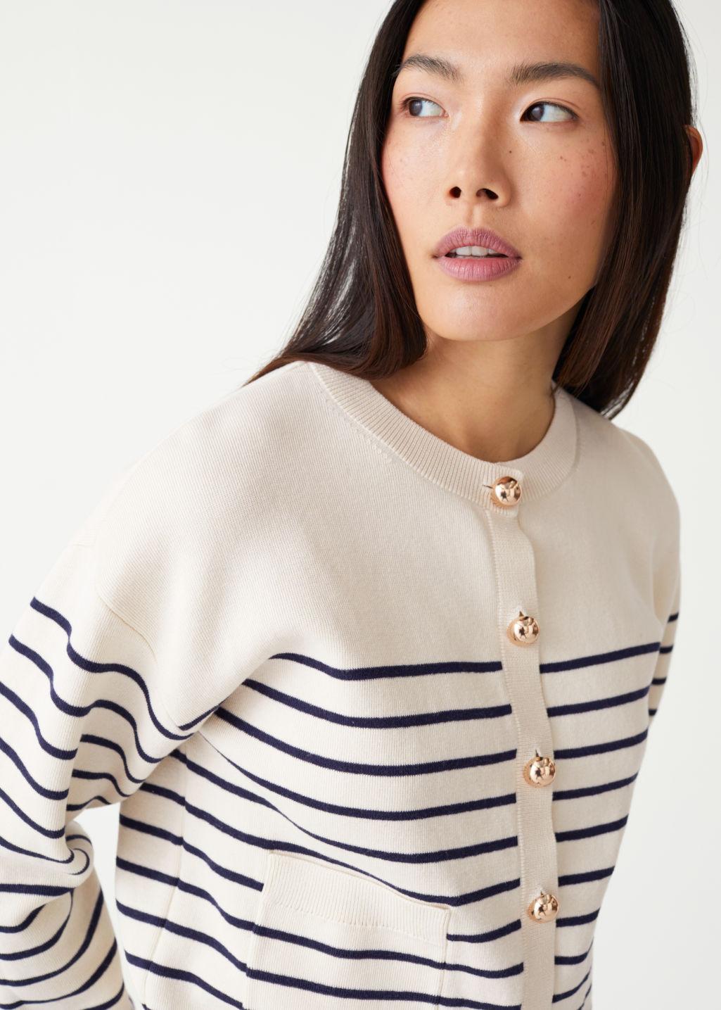 & Other Stories Cotton Striped Gold Button Cardigan in White | Lyst