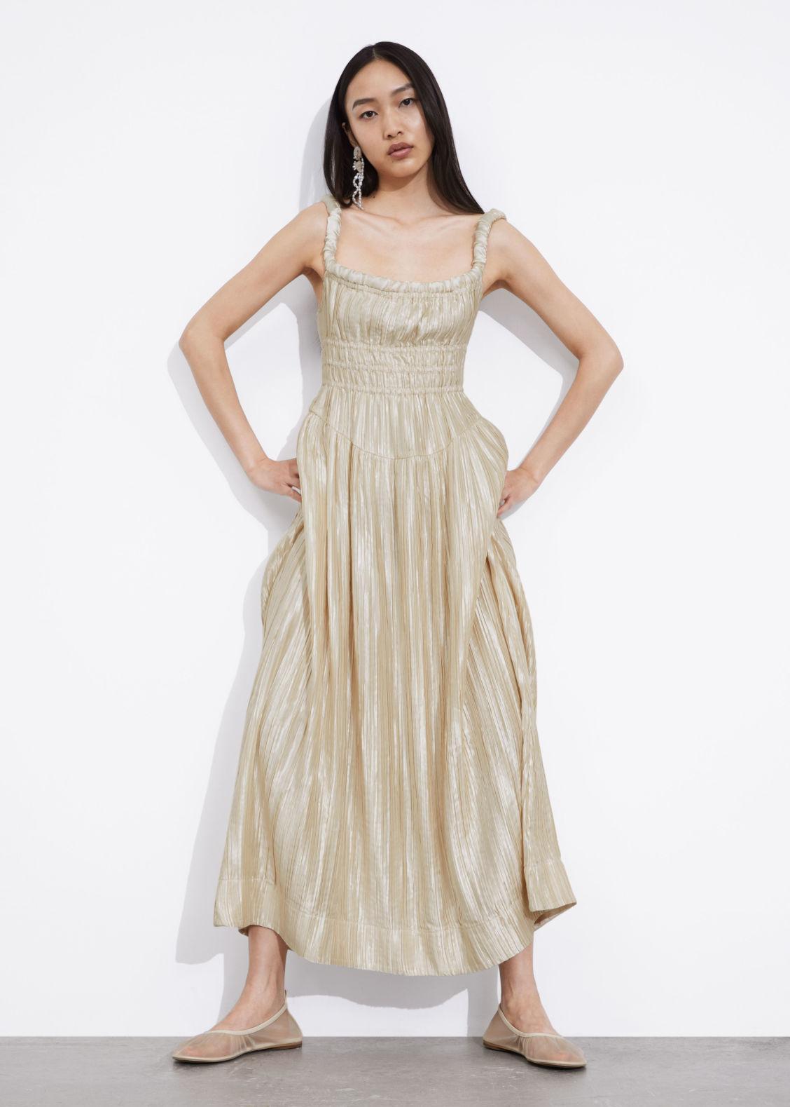 & Other Stories Shirred Satin Midi Dress in Natural | Lyst