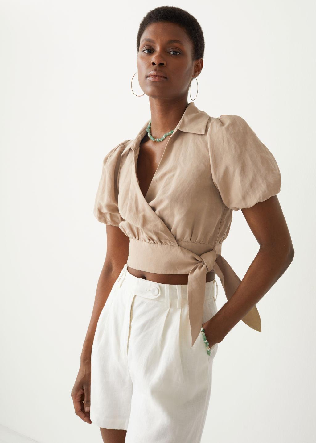 Stories Puff Sleeve Wrap Top in Beige 