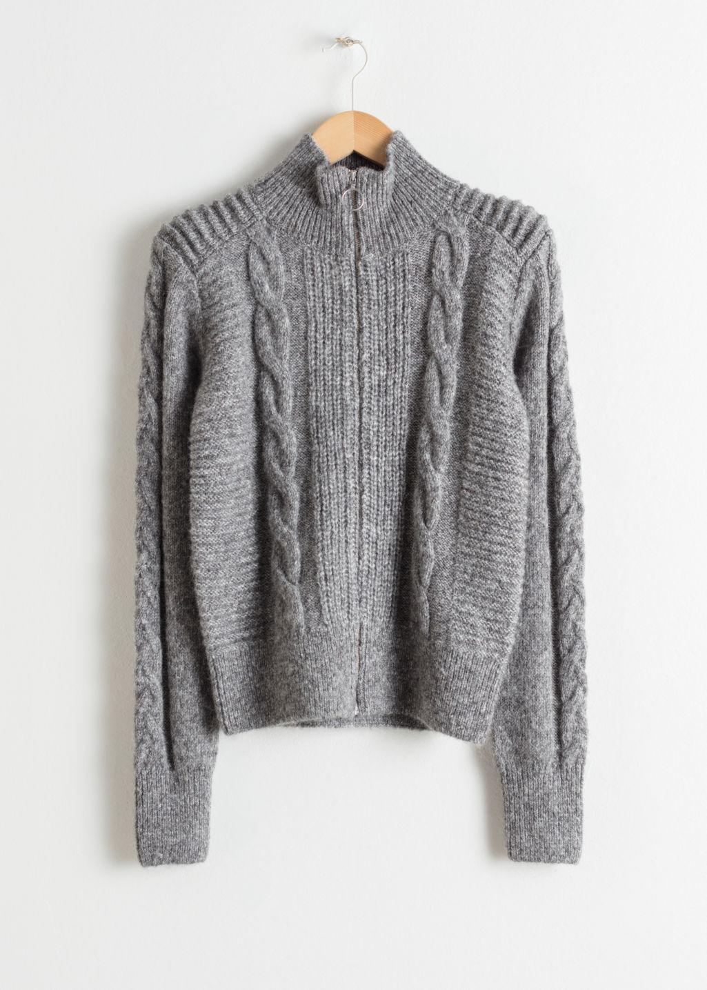 cable knit zip up sweater