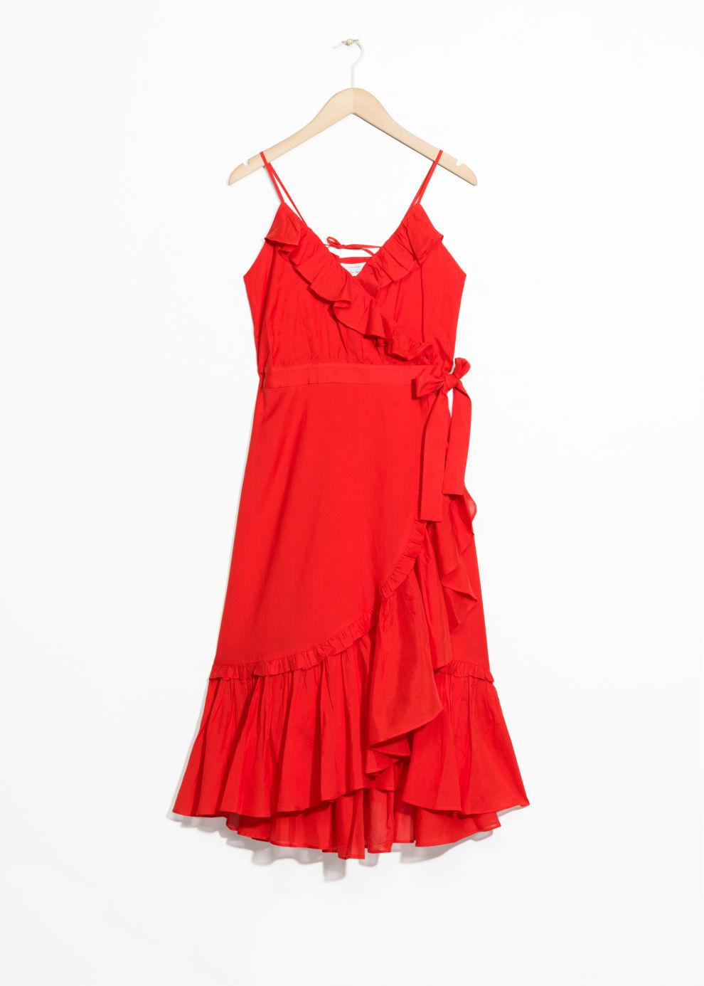 red ruffle wrap dress