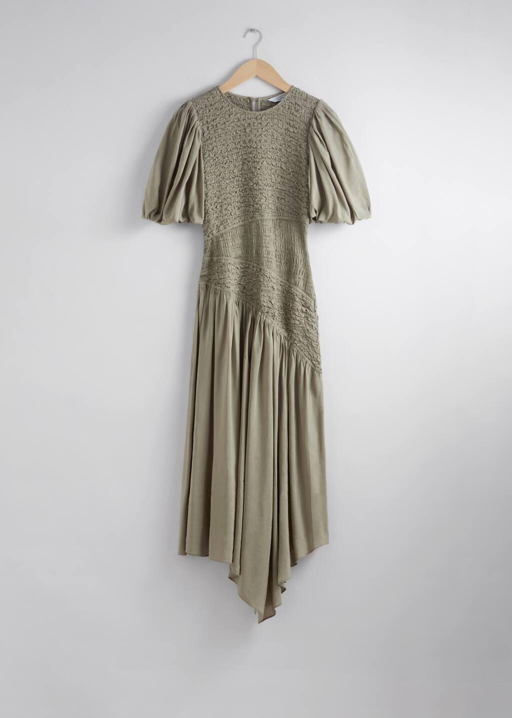 & Other Stories Smocked Asymmetric Midi Dress in Green