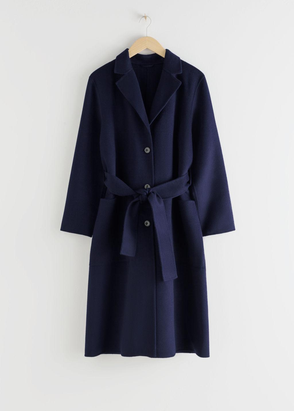 & Other Stories Wool Blend Belted Long Coat in Blue - Lyst