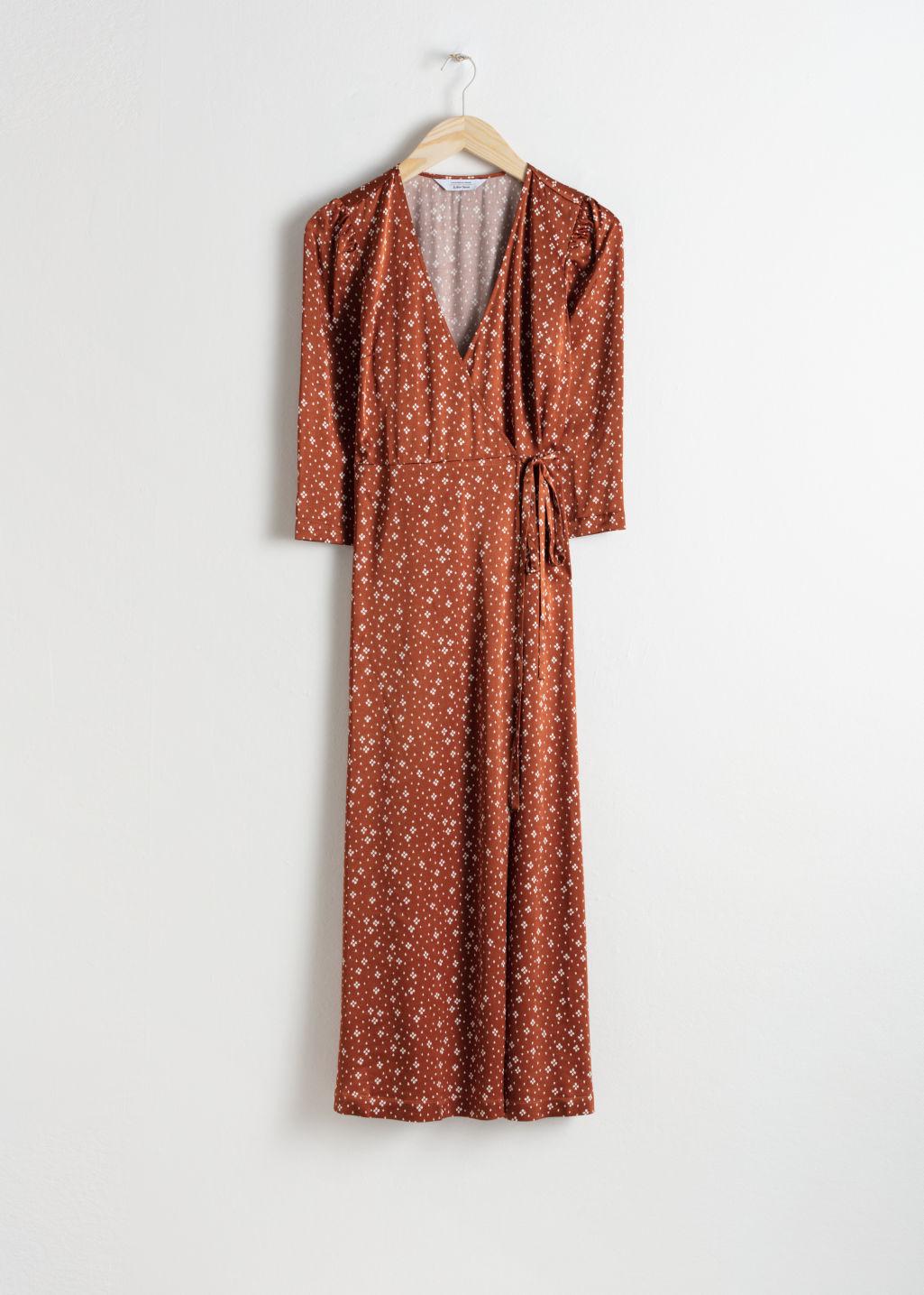 orange wrap midi dress