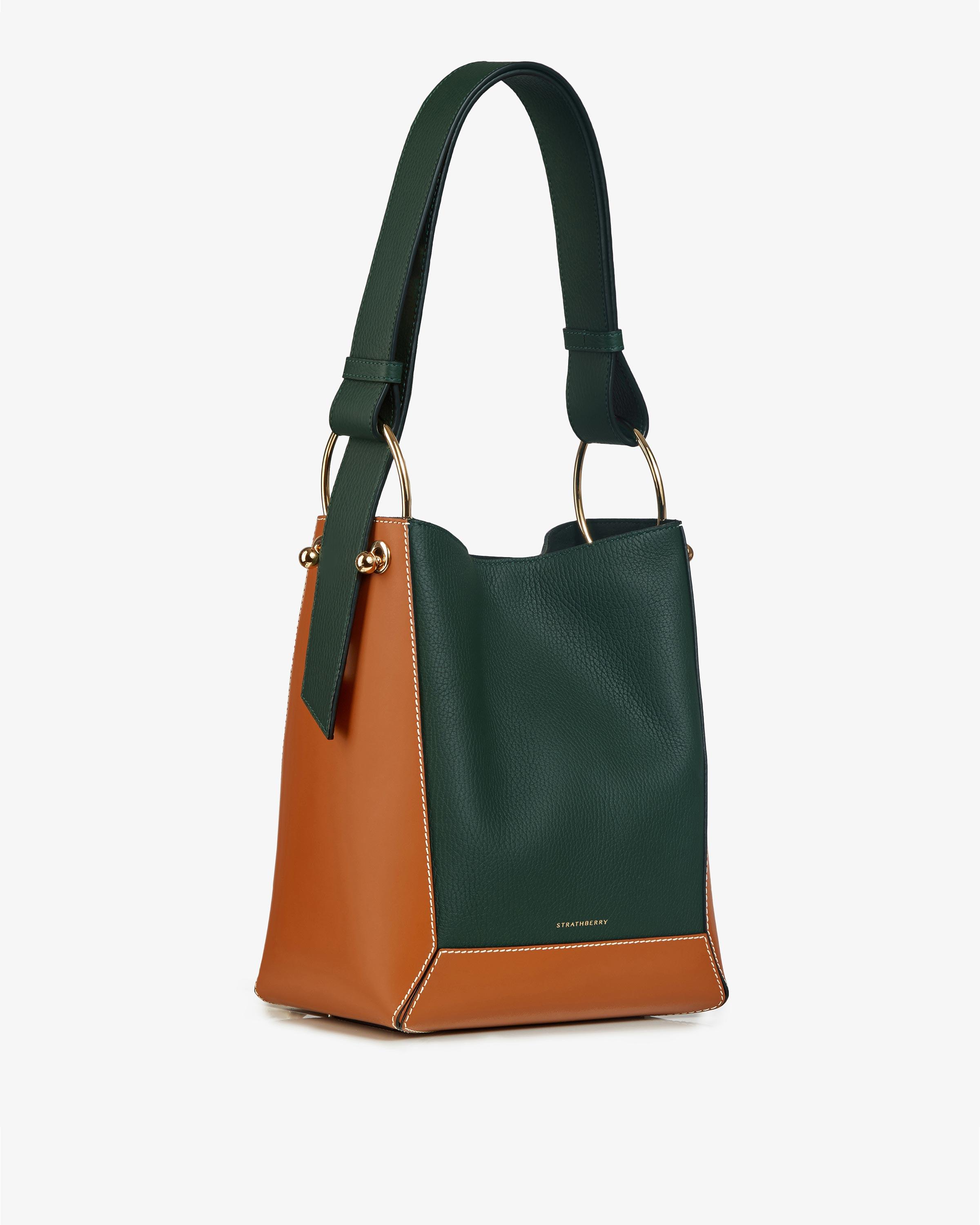 Strathberry Leather Lana Midi Bucket Bag in Tan/Bottle Green 