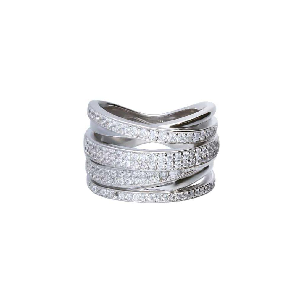 Anello in argento a fascia con intrecci in pave di zirconi di