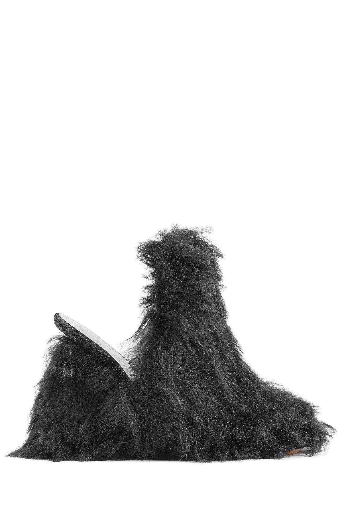 black faux fur mules