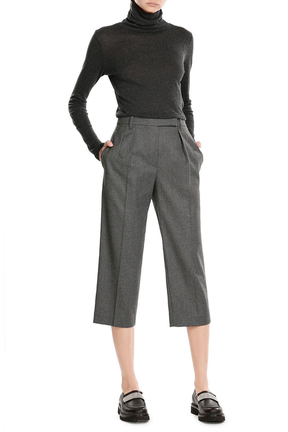 Brunello Cucinelli Cotton-wool Blend Wide Leg Cropped Pants in Gray - Lyst