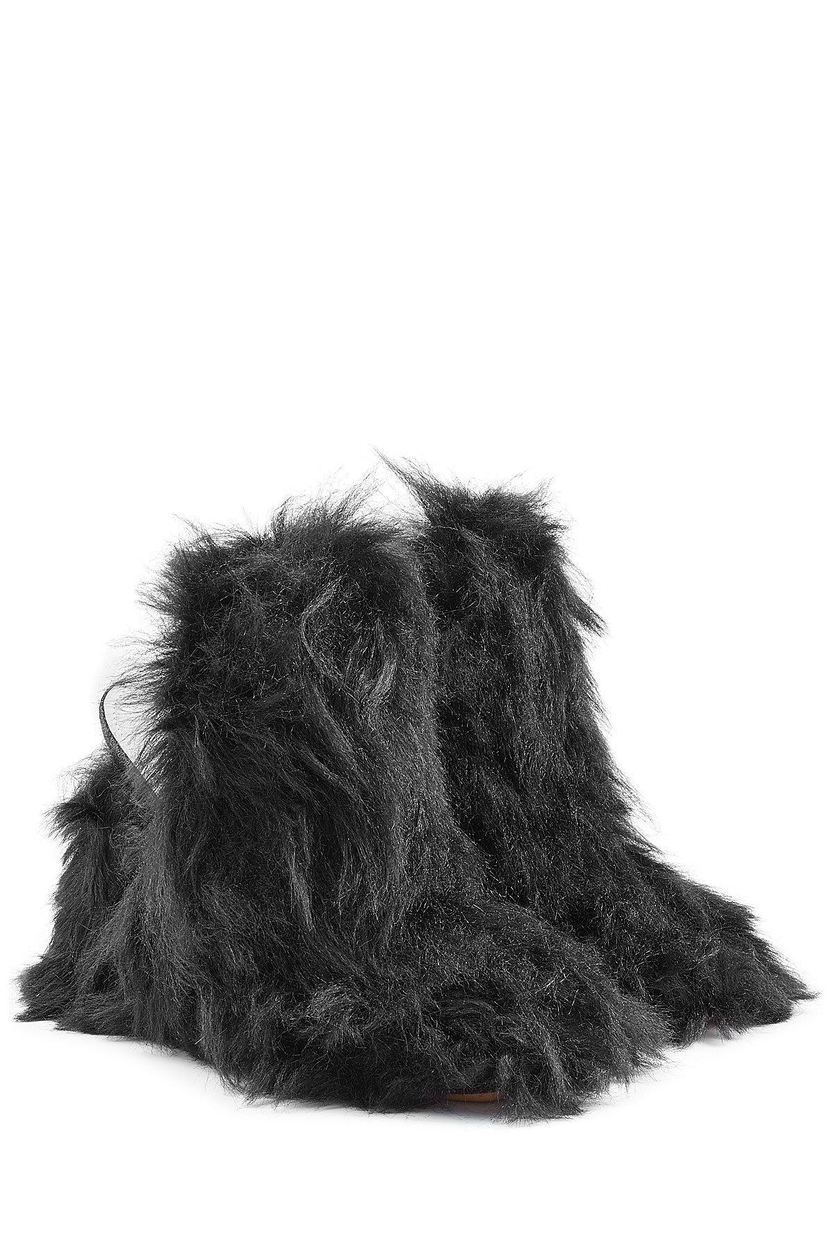 black faux fur mules
