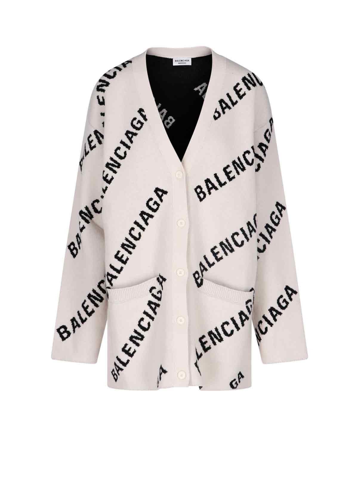 Balenciaga All-over Logo Cardigan in White | Lyst