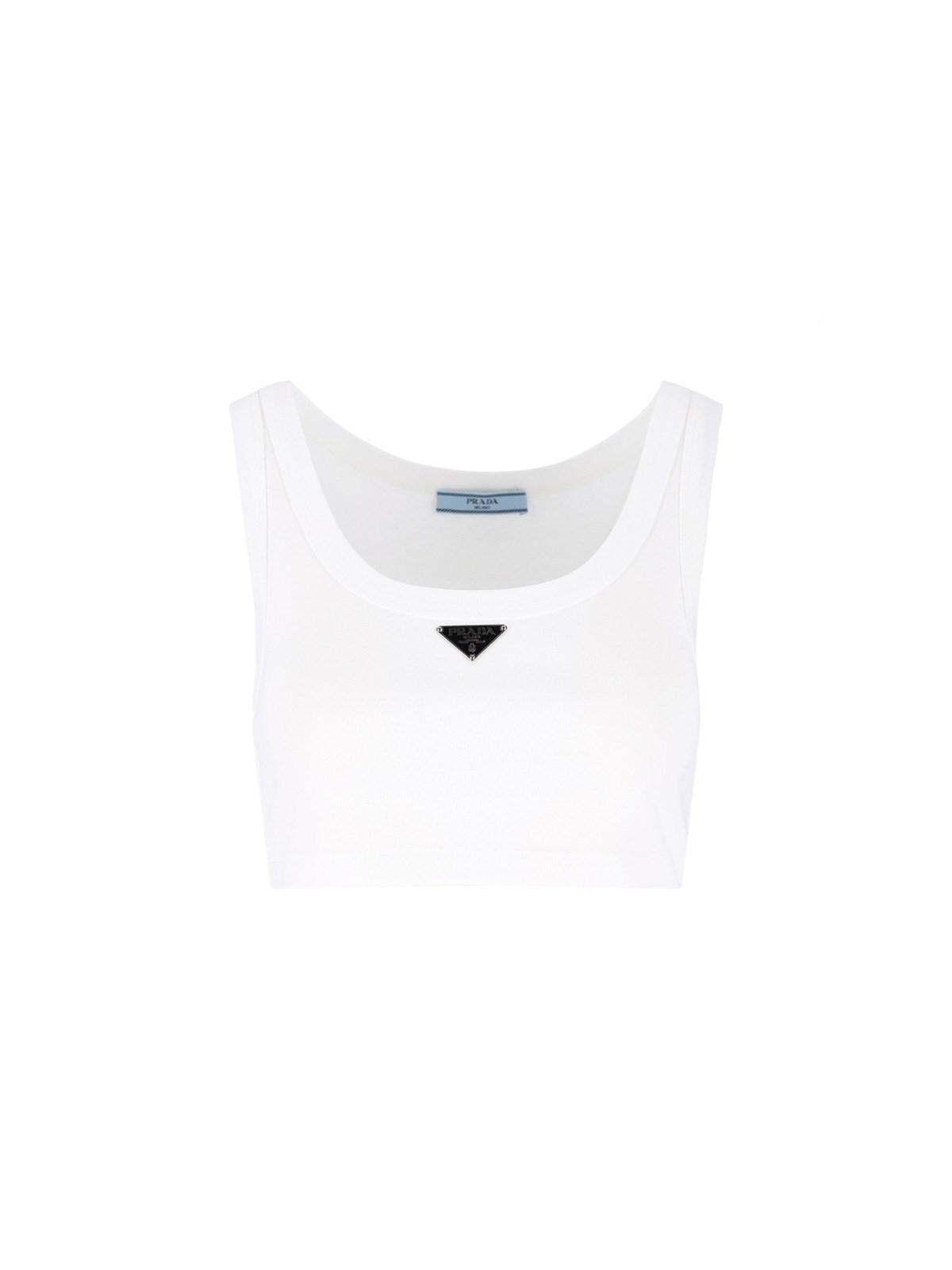 White Triangle-logo cotton-jersey crop top, Prada