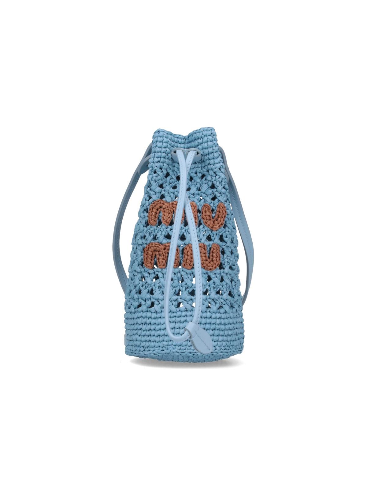 【MIU MIU】RAFFIA BUCKET BAG Mini logo raffia-effect bucket bag in brown - Miu Miu